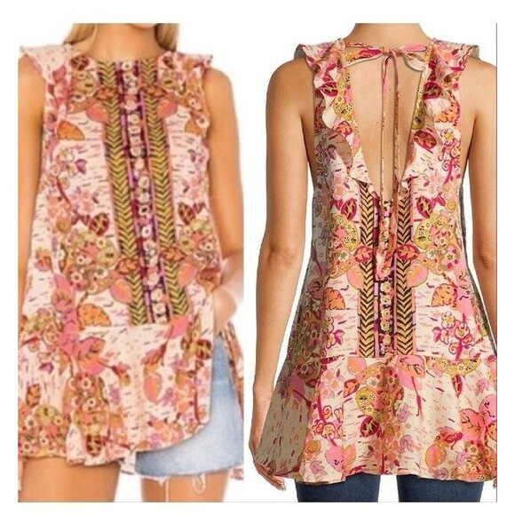 Free People Tops - Free People Linen Tunic Top M Floral Ruffle Sleeve Talum Boho Chic Festival